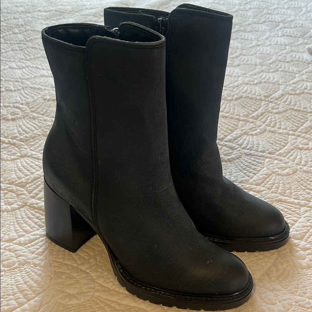 Mirror Black Teal Women's Mid-Calf Block Heel Ankle Boots